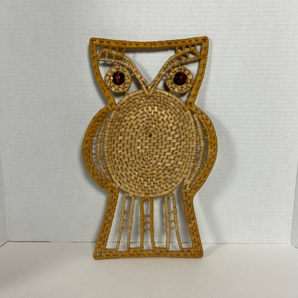 Vintage Wicker Owl Wall Hanging Woven Rattan Basket Tray Boho Decor Wood Eyes